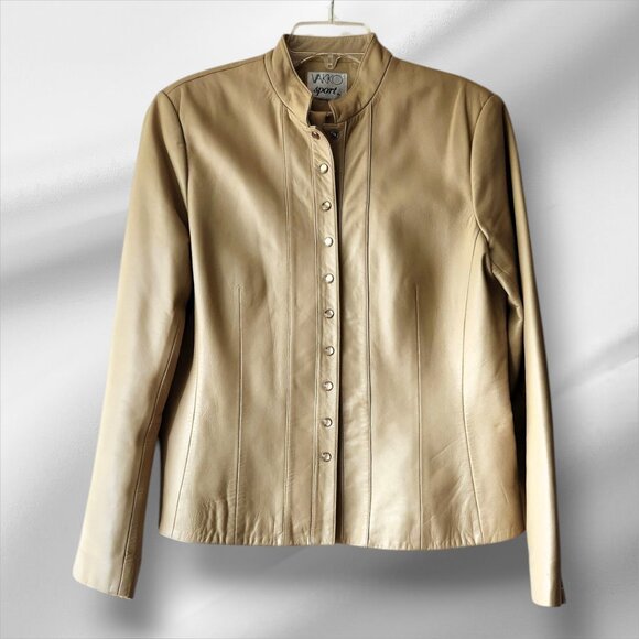 Vakko Women's Sz L Leather Jacket Casual Sports Coat Snap Button Blazer Tan Snap - Picture 1 of 16